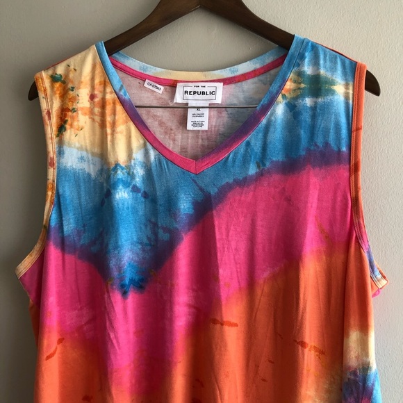 For The Republic Tie Dye Sleeveless Soft Relaxed Fit Rainbow Tank Top Shirt - Picture 2 of 9